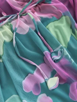 Next Green Floral Long Sleeve Mesh Maxi Dress^Women Occasion Dresses|Maxi Dresses