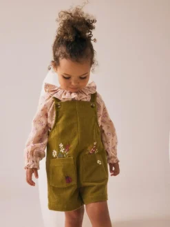 Next Green Floral Print Corduroy Dungarees Blouse and Tights Set (3mths-6yrs)^ Jumpsuits & Playsuits