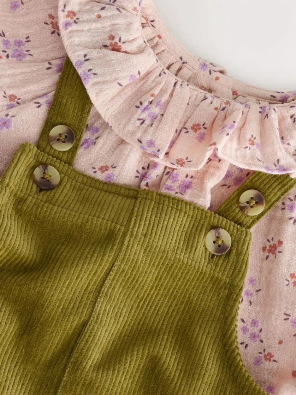 Next Green Floral Print Corduroy Dungarees Blouse and Tights Set (3mths-6yrs)^ Jumpsuits & Playsuits