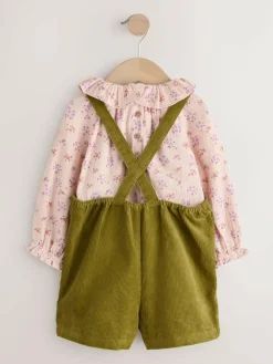 Next Green Floral Print Corduroy Dungarees Blouse and Tights Set (3mths-6yrs)^ Jumpsuits & Playsuits