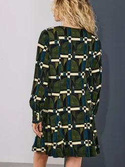 Next Long Sleeve A-Line Mini Dress Green Geo Print