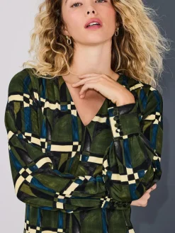 Next Long Sleeve A-Line Mini Dress Green Geo Print