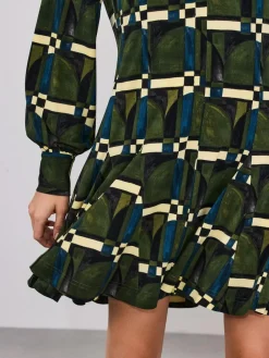 Next Long Sleeve A-Line Mini Dress Green Geo Print