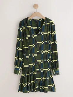 Next Long Sleeve A-Line Mini Dress Green Geo Print