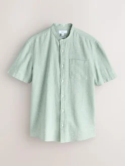 Next Grandad Collar Cotton Linen Blend Short Sleeve Shirt^ Shirts