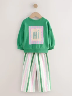 Next Green Hey Hi Sweatshirt & Wide Leg Trousers Set (3mths-7yrs)^ Baby Girls|Sweatshirts & Hoodies