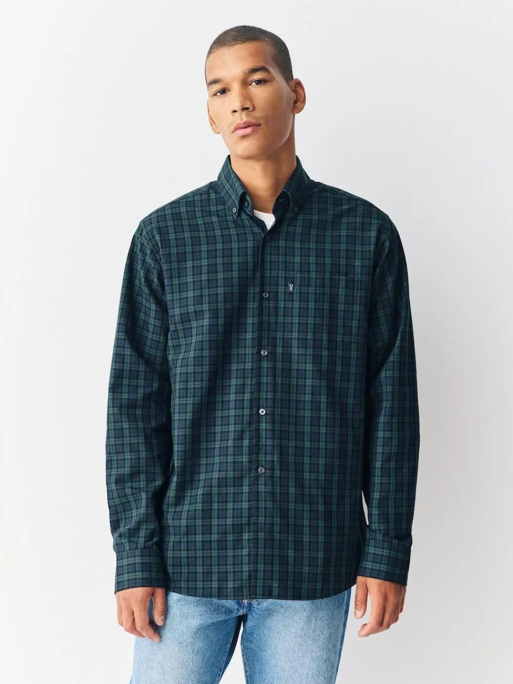 Best Next Regular Fit Easy Iron Button Down Oxford Shirt Green Micro Blackwatch