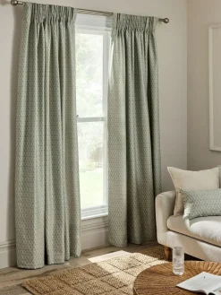 Next Green Mini Leaf Jacquard Pencil Pleat Lined Curtains^ Curtains & Blinds