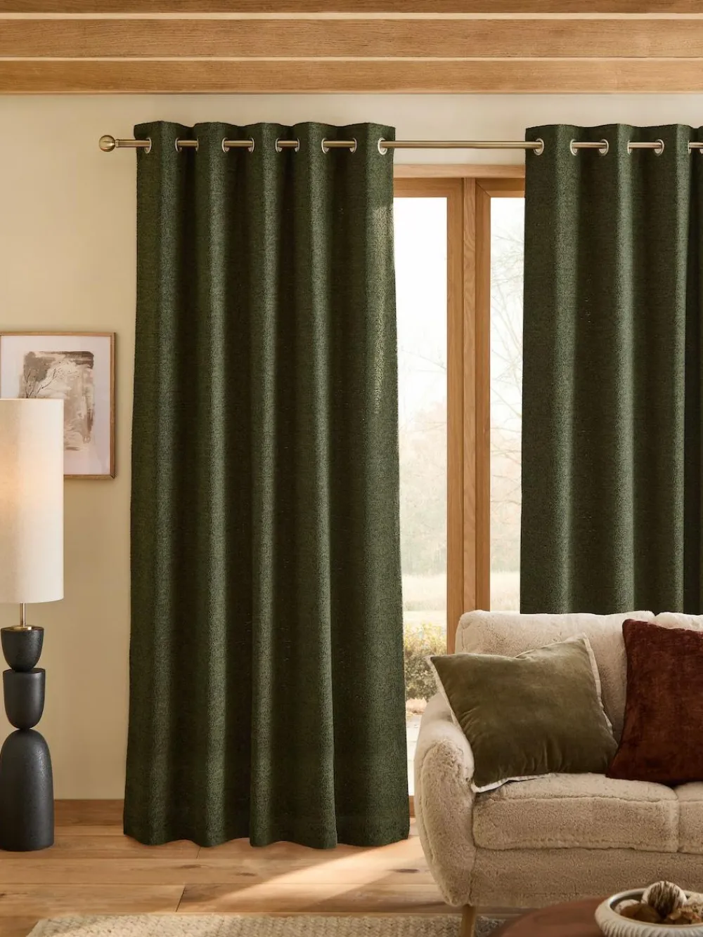 Hot Next Bouclé Lined Eyelet Curtains Green Olive