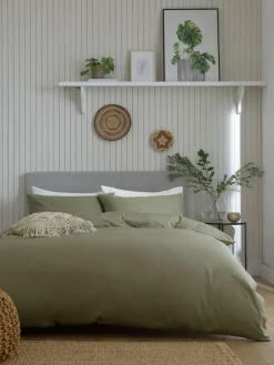 Next Green Olive Cotton Rich Plain Duvet Cover and Pillowcase Set^ Bedsets & Duvet Covers