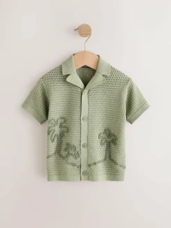 Hot Next Textured Revere Collar Short Sleeve Knitted Polo Shirt (3mths-7yrs) Green Palms