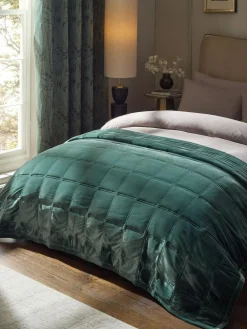 Next Green Quilted Lustre Velvet Bedspread^ Cushions & Throws