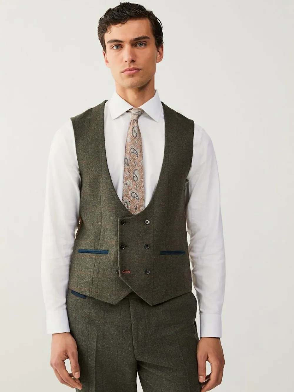 Next Green Regular Fit Nova Fides Italian Wool Blend Trimmed Check Suit Waistcoat^ Vests
