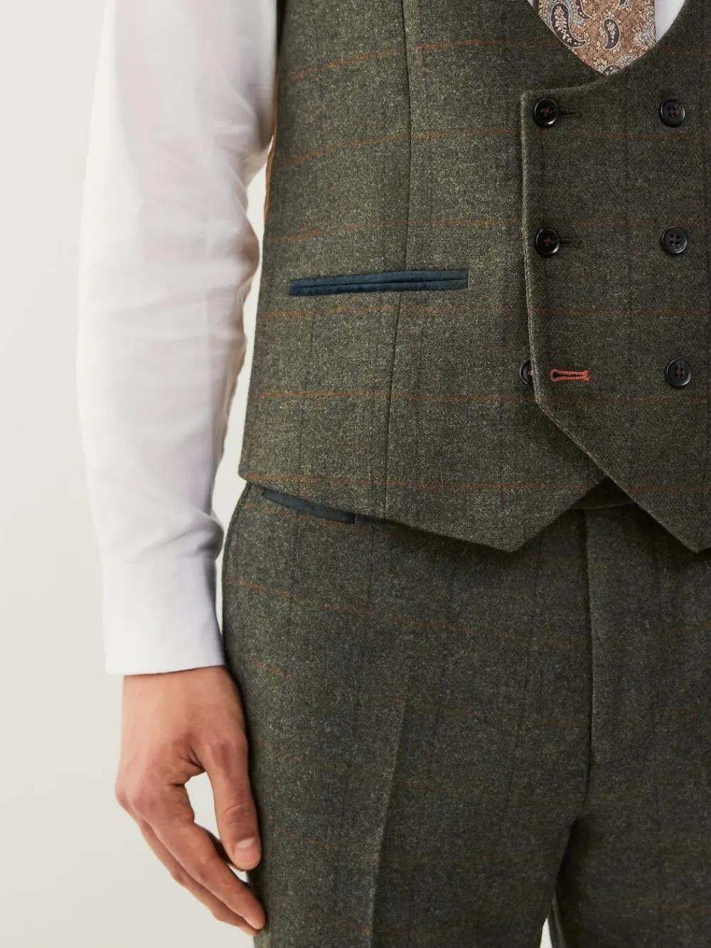 Next Green Regular Fit Nova Fides Italian Wool Blend Trimmed Check Suit Waistcoat^ Vests