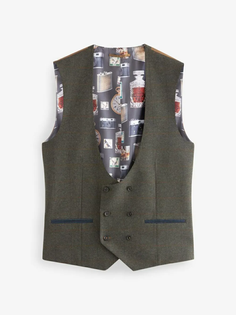 Next Green Regular Fit Nova Fides Italian Wool Blend Trimmed Check Suit Waistcoat^ Vests