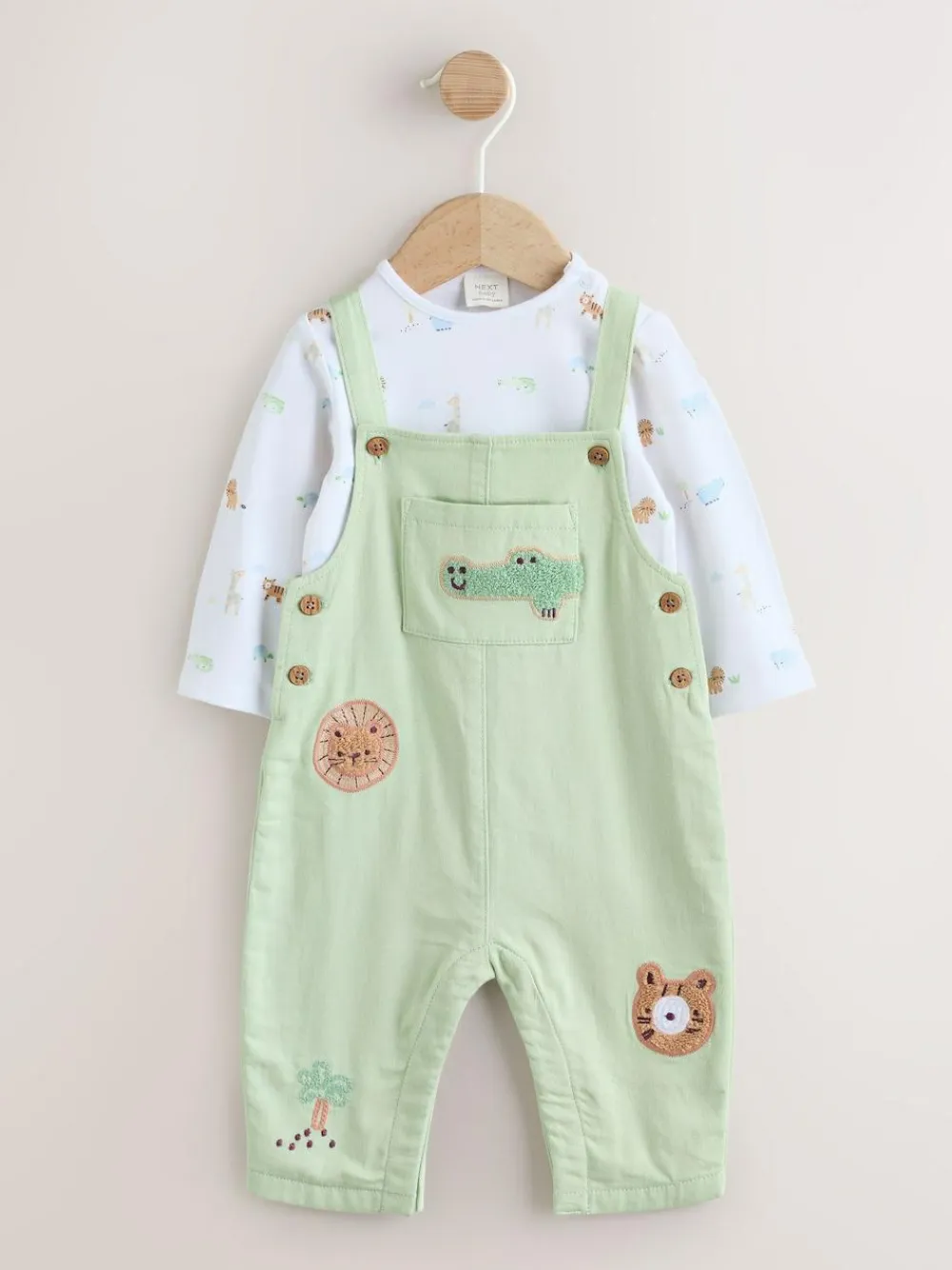 Outlet Next Baby Twill Dungarees and Bodysuit Set (0mths-2yrs) Green Safari Animal