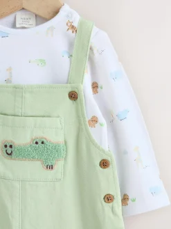 Outlet Next Baby Twill Dungarees and Bodysuit Set (0mths-2yrs) Green Safari Animal