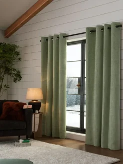 Next Green Sage Heavyweight Chenille Eyelet Super Thermal Curtains^ Curtains & Blinds