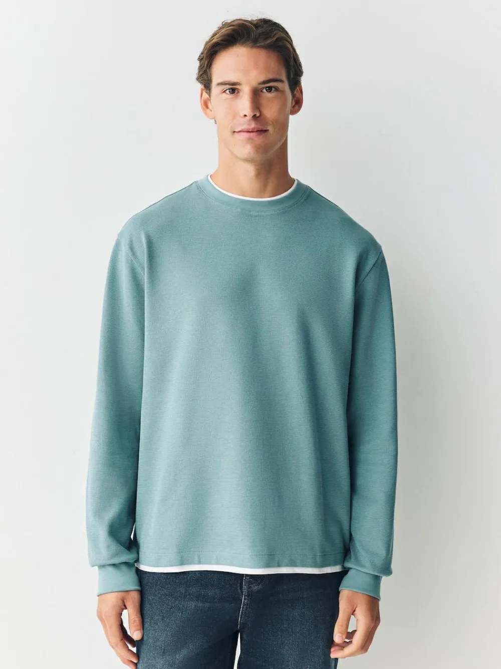 Next Long Sleeve Mock Crew Neck T-Shirt Green Sage