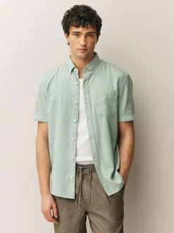 Next Standard Collar Cotton Linen Blend Short Sleeve Shirt Green