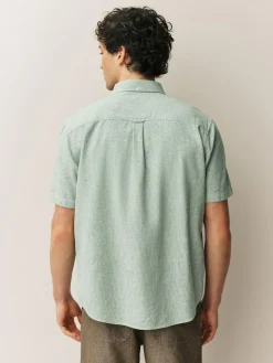 Next Standard Collar Cotton Linen Blend Short Sleeve Shirt Green