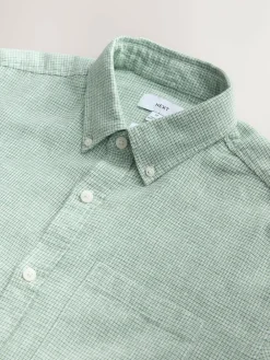 Next Standard Collar Cotton Linen Blend Short Sleeve Shirt Green