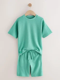 New Next Textured Short Sleeve T-Shirt and Shorts Set (3-16yrs) Green