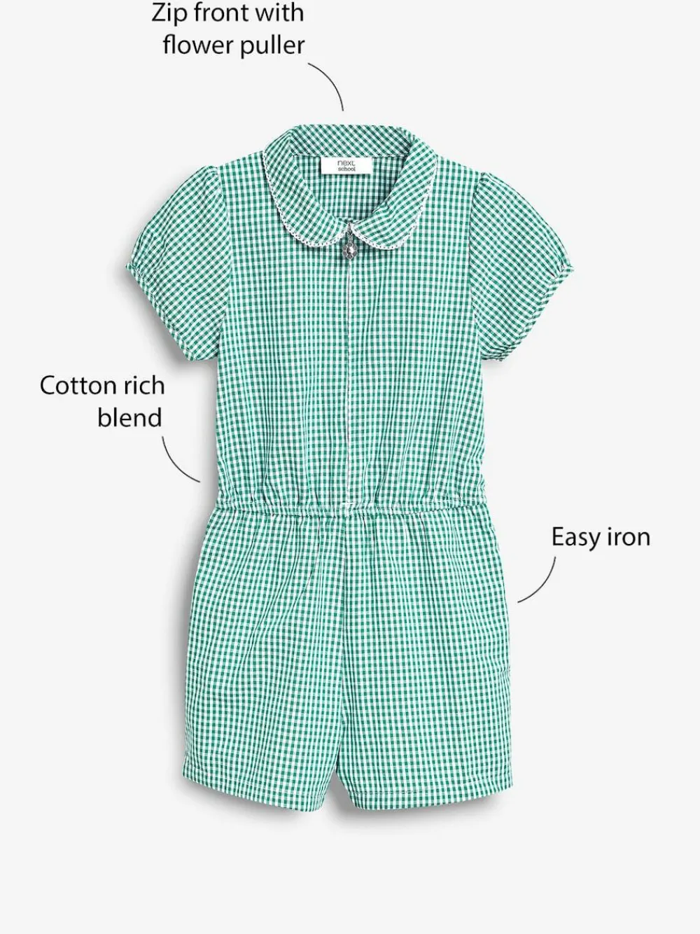Best Next Zip Front Cotton Rich Gingham School Playsuit (3-14yrs) Green