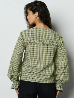 Best Next Oversized Collar Long Sleeve Blouse Green/Black Check