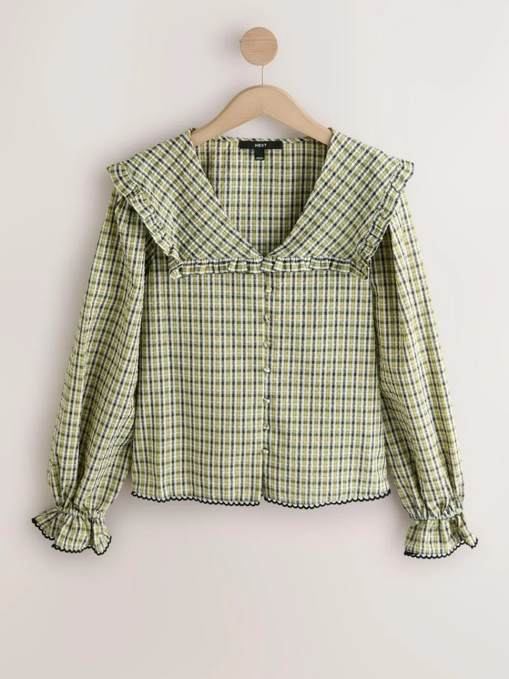 Best Next Oversized Collar Long Sleeve Blouse Green/Black Check