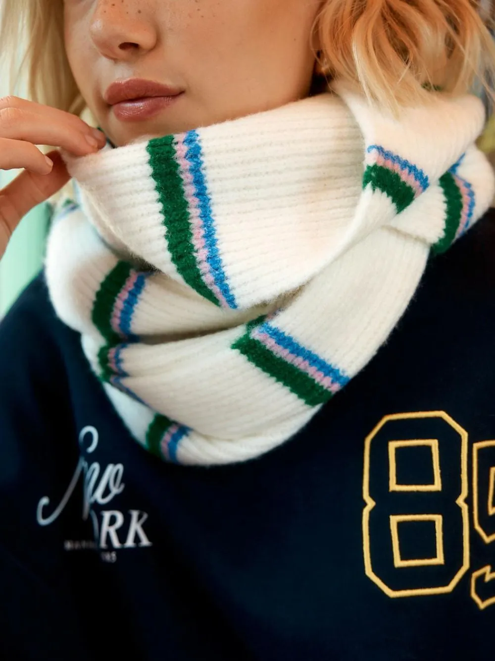 Next Green/Cream Stripe Knitted Heavyweight Scarf^Women Hats, Gloves & Scarves|Hats, Gloves & Scarves