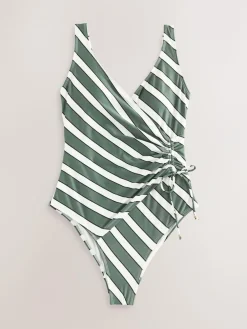 Next Green/Cream Stripe Ruched Side Tummy Shaping Control Swimsuit^Women Swimwear