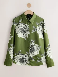 Best Next Long Sleeve Shirt Green/Ecru Floral Print