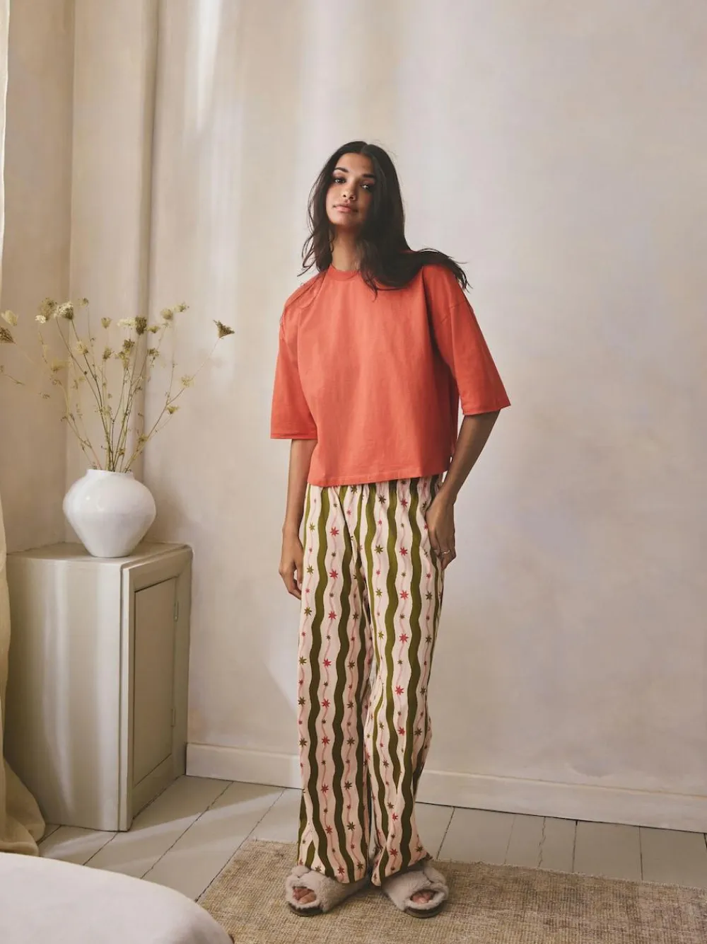 Next Green/Ecru Stripe Cotton Short Sleeve Pyjamas^Women Nightwear|Pyjamas