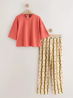 Next Green/Ecru Stripe Cotton Short Sleeve Pyjamas^Women Nightwear|Pyjamas