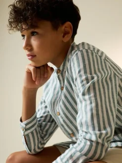 Sale Next Green/Ecru Stripe Grandad Collar Linen Mix Long Sleeve Shirt (3-16yrs)