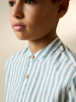 Sale Next Green/Ecru Stripe Grandad Collar Linen Mix Long Sleeve Shirt (3-16yrs)