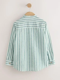 Sale Next Green/Ecru Stripe Grandad Collar Linen Mix Long Sleeve Shirt (3-16yrs)