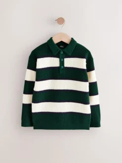 Hot Next Knitted Rugby Shirt (3-16yrs) Green/Ecru Stripe