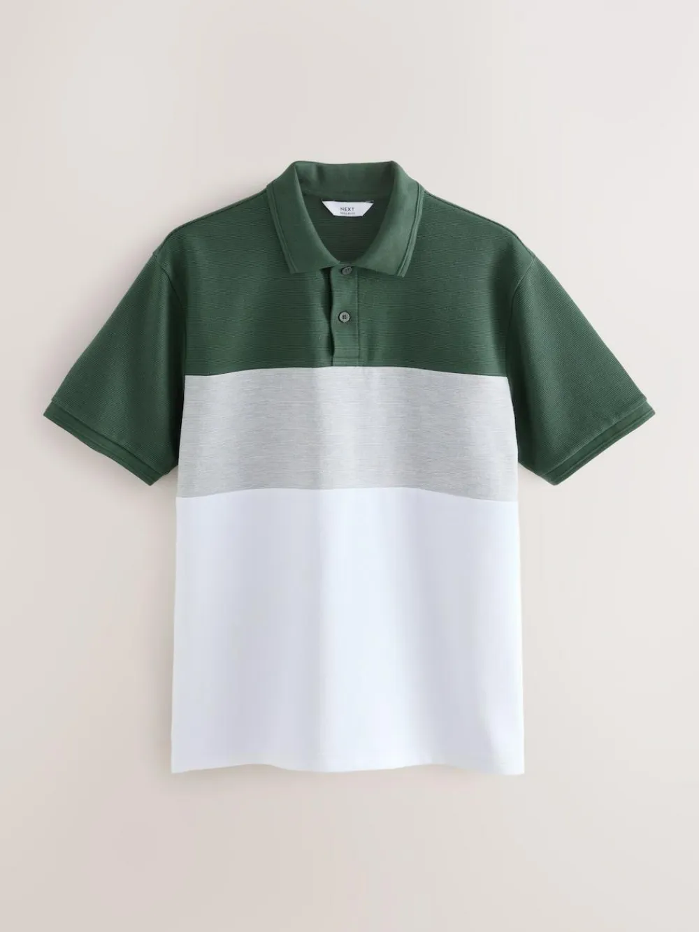 Clearance Next 100% Cotton Short Sleeve Button Up Block Polo Shirt Green/Grey