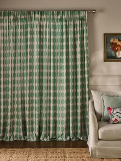 New Next Green/Natural Wiggle Print Touch of Linen Pencil Pleat Lined Curtains