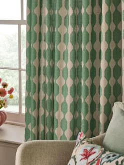 New Next Green/Natural Wiggle Print Touch of Linen Pencil Pleat Lined Curtains