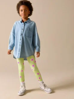 New Next Green/Pink Gingham Flower Leggings (3-16yrs)