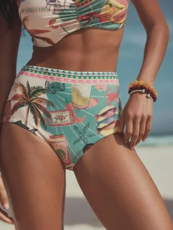 Hot Next Green/Pink Lobster Conversational High Waist Print Bikini Bottoms