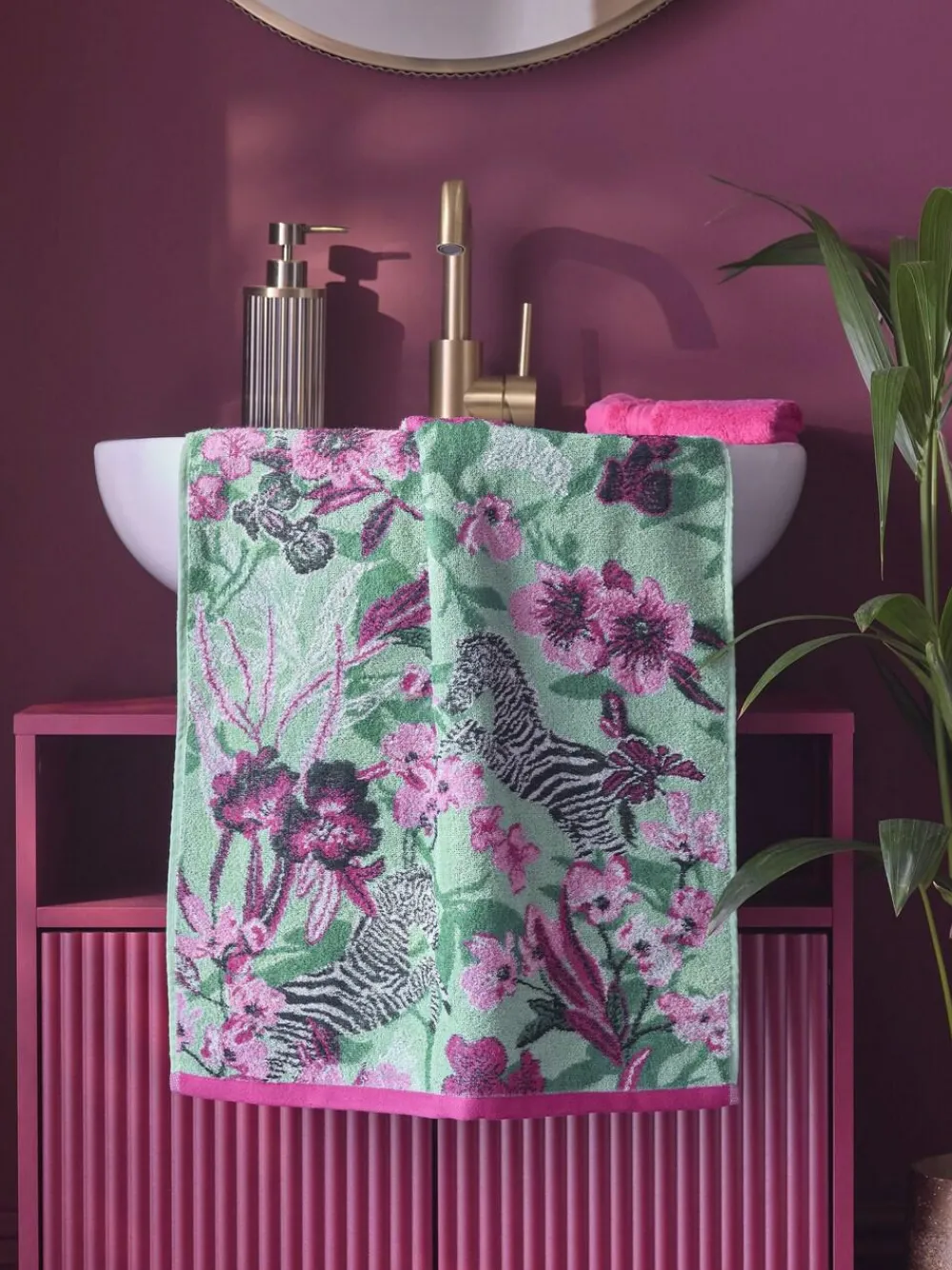 New Next Green/Pink Zebra Floral 100% Cotton Towel