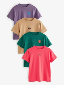 Best Next 4 Pack Short Sleeve Small Graphic T-Shirts 4 Pack (3-16yrs) Green/Red/Camel/Purple