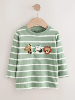 Next Green/White Stripe Safari Long Sleeve Appliqué T-Shirt (3mths-7yrs)^BOY Tops|T-Shirts