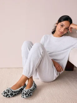 New Next Ballerina Flat Slippers Grey Animal Print