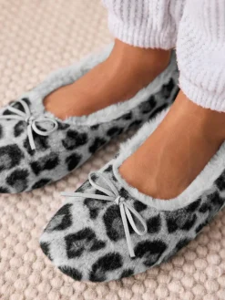 New Next Ballerina Flat Slippers Grey Animal Print