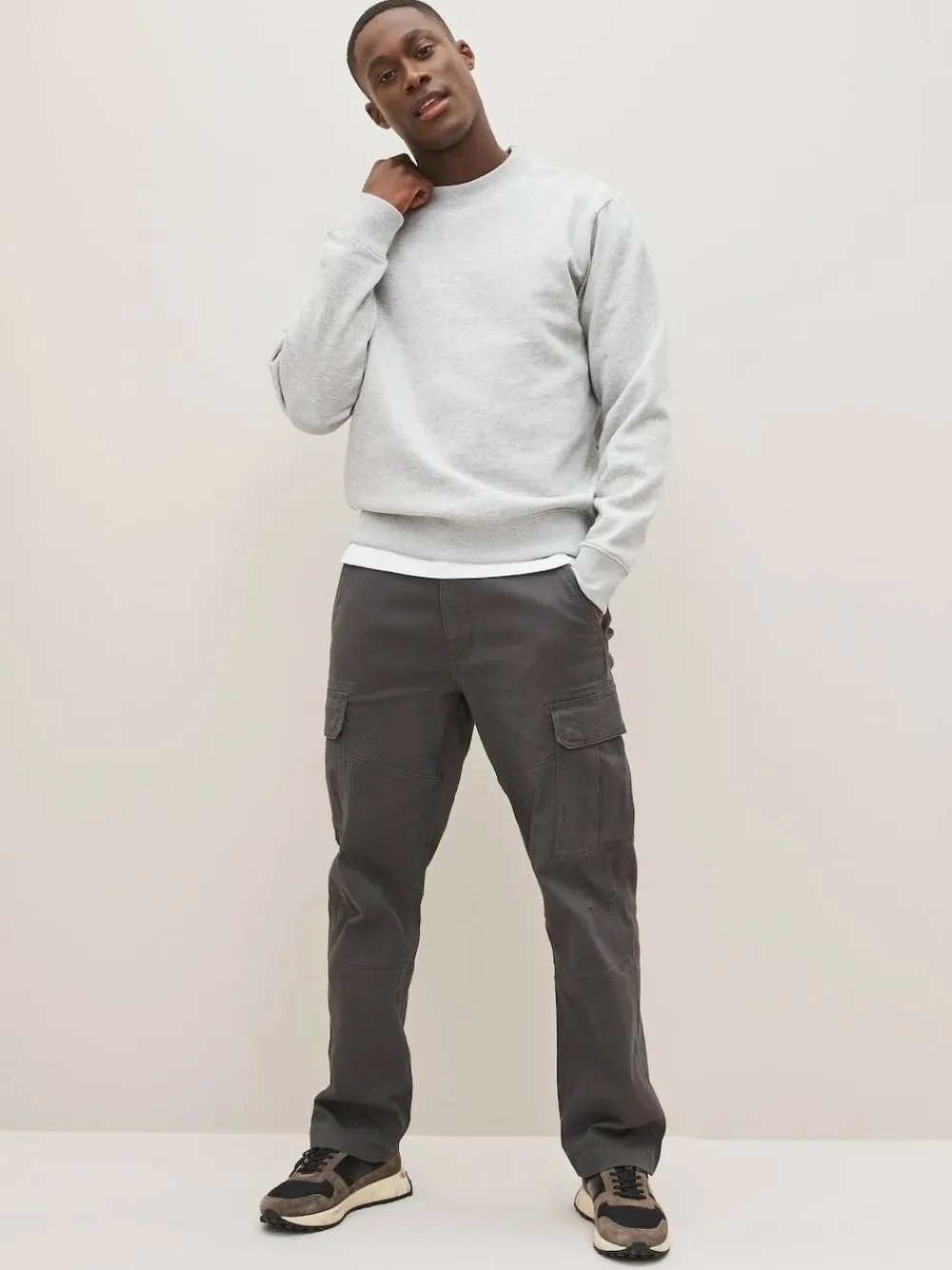 Next Grey Charcoal Straight Fit Cotton Stretch Cargo Trousers^ Pants & Chinos